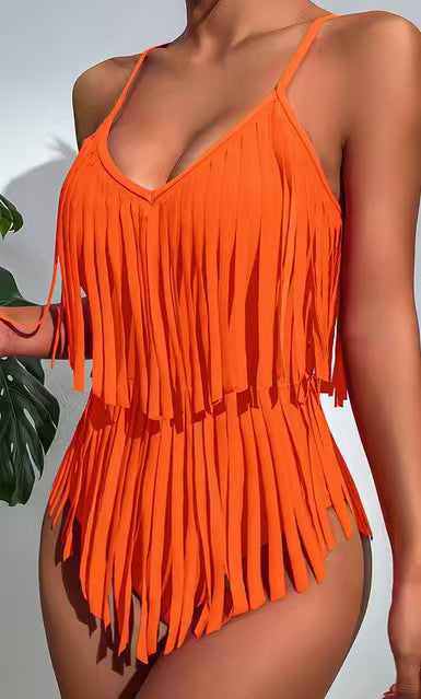 V-neck Figure-hugging Backless Swimsuit With Tassel Detailing