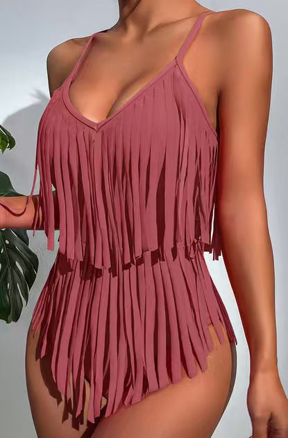 V-neck Figure-hugging Backless Swimsuit With Tassel Detailing