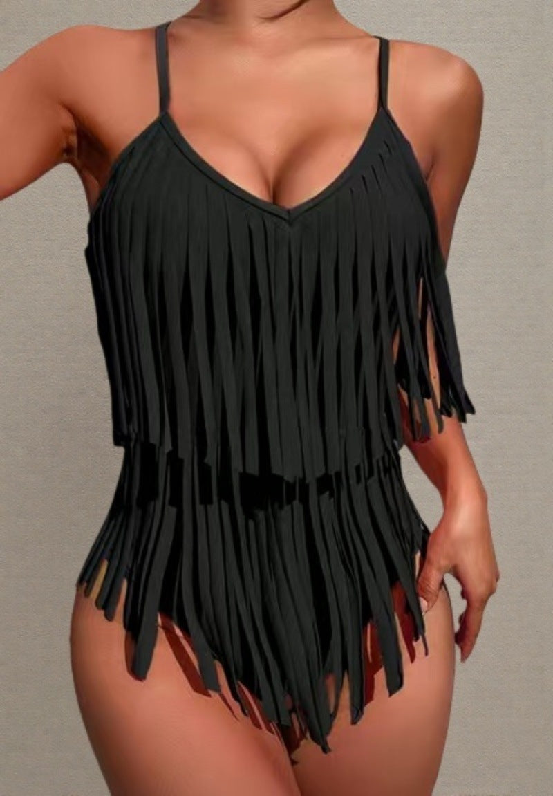 V-neck Figure-hugging Backless Swimsuit With Tassel Detailing