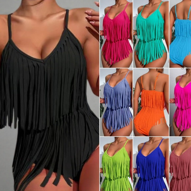 V-neck Figure-hugging Backless Swimsuit With Tassel Detailing